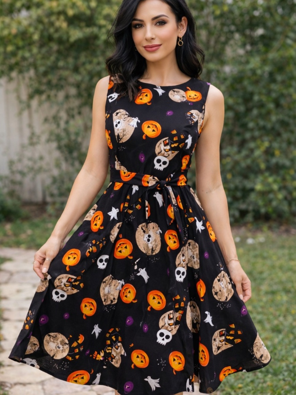 🎃 Halloween Print Dress – Size Large – Pumpkins, Ghosts & Skulls w/ Tie Belt 👻